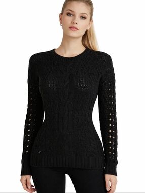 Vince Black Cable Knit Sweater Alpaca/Wool Designer Loose Weave Sz L